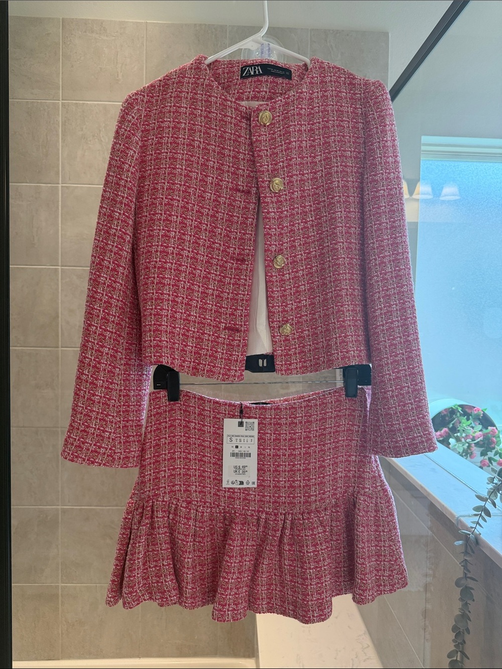 Zara Pink Tweed Cropped Jacket & Flounced Skirt Set